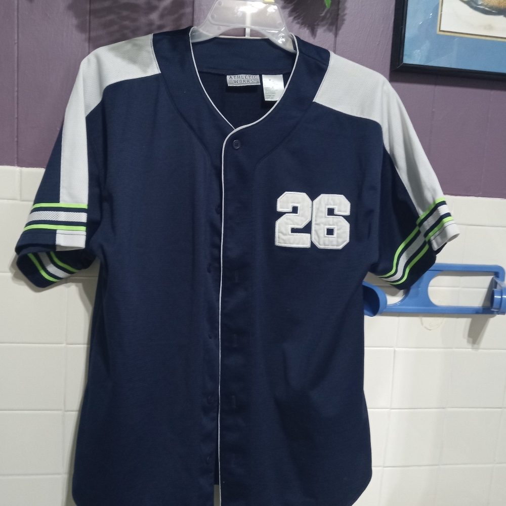 Athletic Works jersey  man shirt button up front dark blue and white size medium